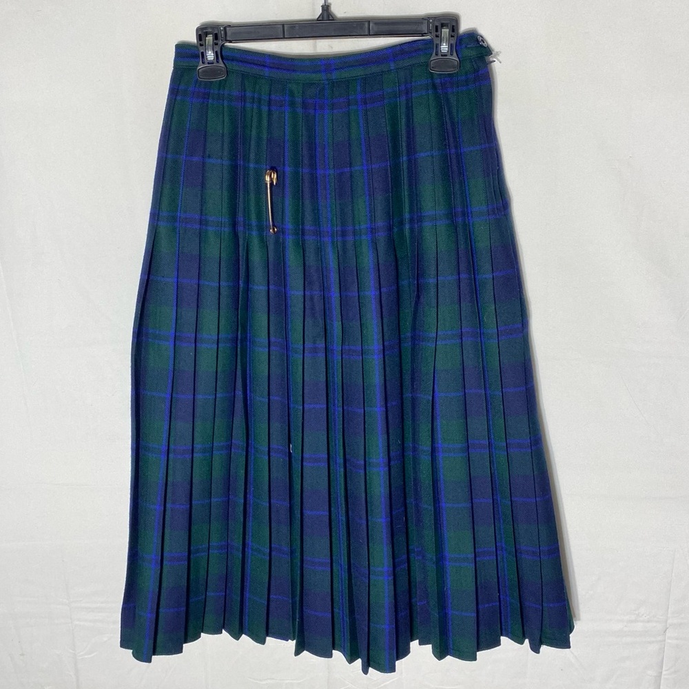 Vintage Bianca Green Blue Plaid Pleated Wool Skirt M Dark Academia LibrarianCore